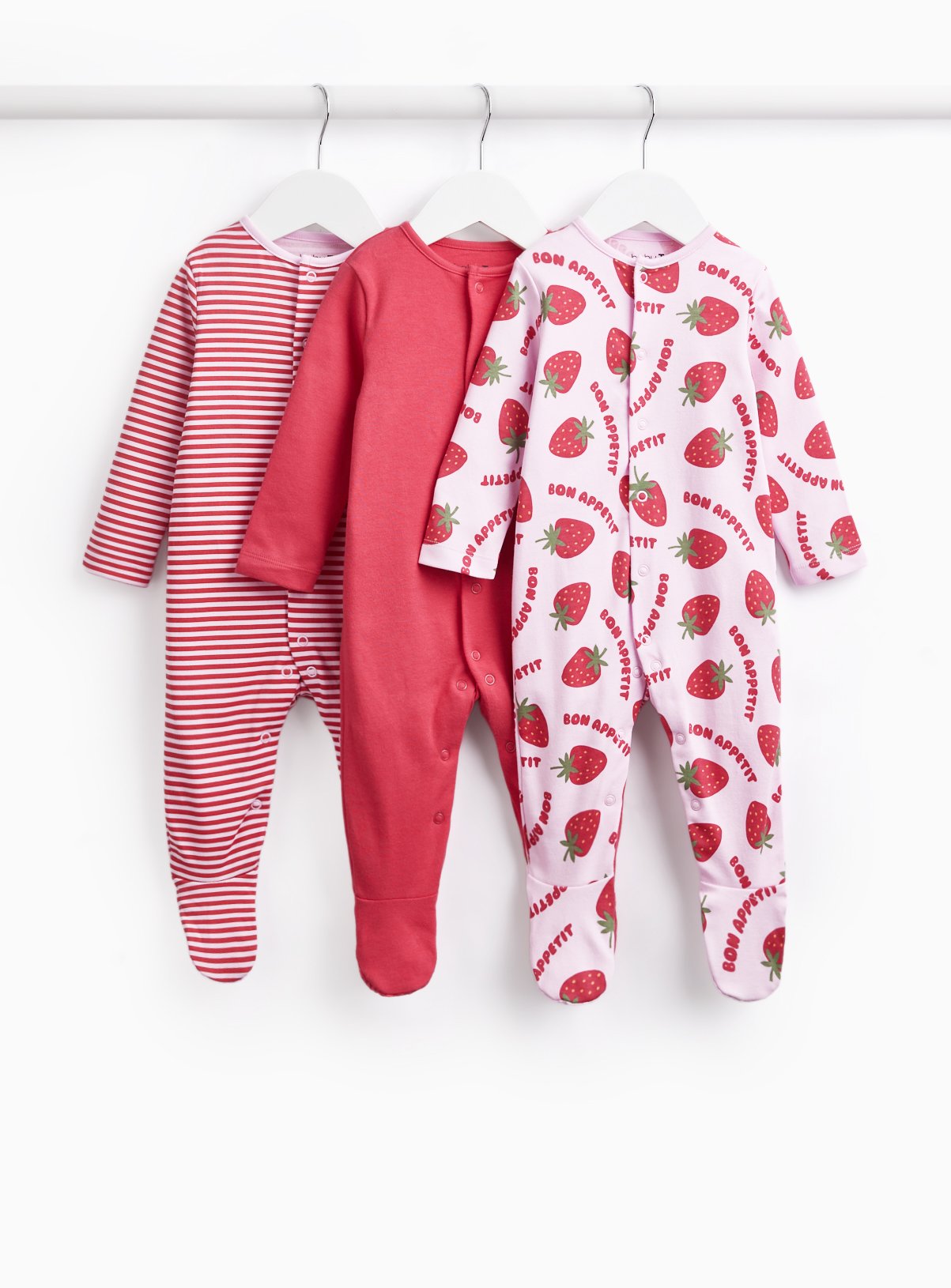 Strawberry & Stripe Print Sleepsuits 3 Pack 6-9 months - Image 1 thumbnail